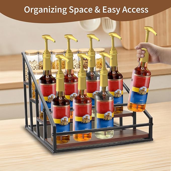 Coffee Syrup Organizer Rack, 4-Tier 16 Syrup Bottles Holder Stand for Freestanding Shelves for Coffee Bar Station,Kitchen, Syrup Wine Dressing Cocktail