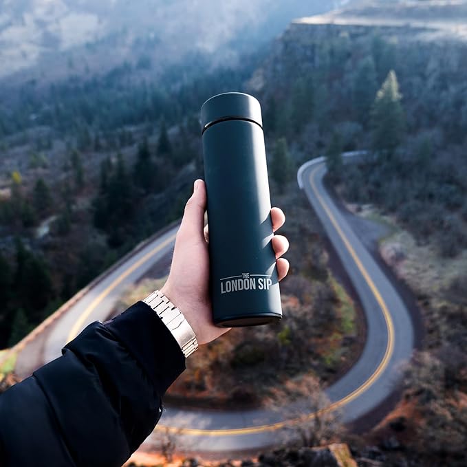 The London Sip Multi-Purpose Travel Mug and Tumbler Fruit Infused Flask Hot and Cold Double Wall Stainless Steel Thermos with Extra-Long Infuser, Midnight Teal, Pack of 2