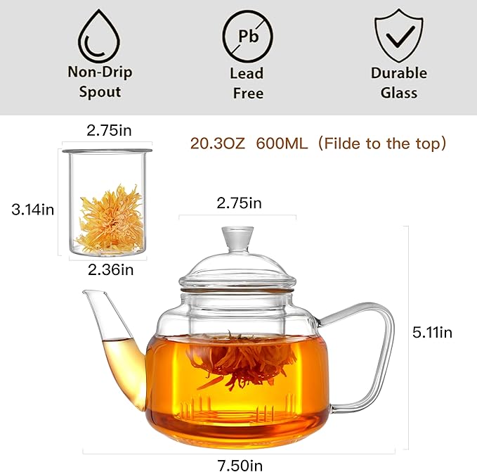 CNGLASS Glass Teapot with Removable Infuser,20oz(600ml) Clear Glass Tea Kettle Stovetop Safe,Glass Teapot with Strainer for Blooming and Loose Leaf Tea