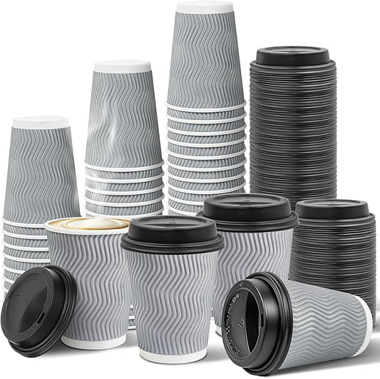 Ginkgo 100 Pack 12 oz Disposable Insulated Coffee Cups With Lids, Double-Walled Ripple To Go Paper Travel Cups for Hot Drinks - Gray