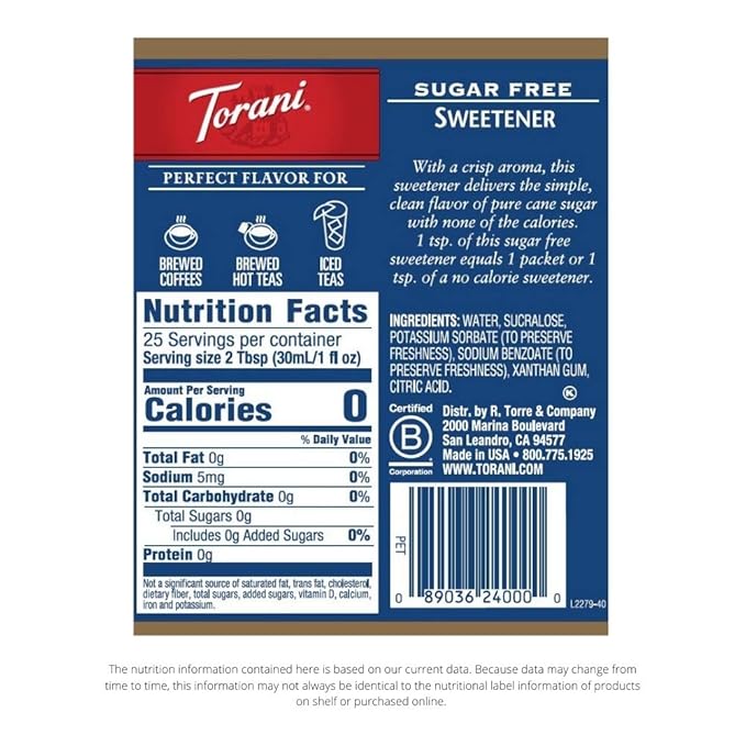 Torani Sugar Free Sweetener Syrup, 25.4 fl oz (Pack of 4)