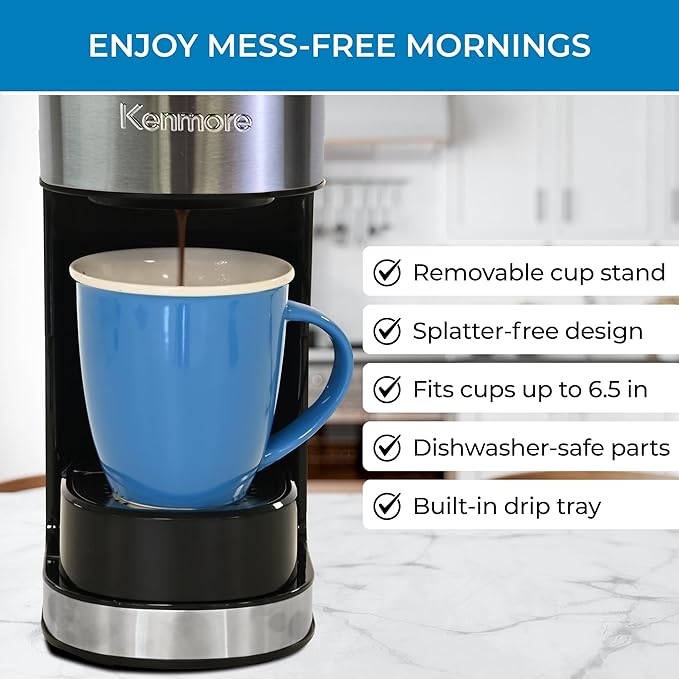 Kenmore Single Serve Coffee Maker – 6–14 Oz Brew Sizes, Compatible with Keurig K‑Cup Pods & Ground Coffee, One Cup Brewer, Travel Mug Friendly, Auto Shut‑Off, Hot & Iced Machine à café, Black