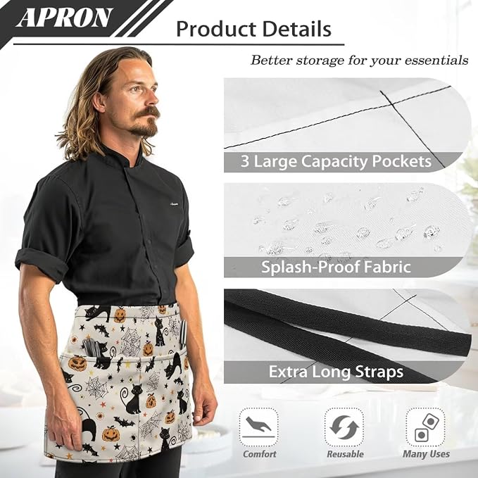 Waist Apron with 3 Pockets Waterproof 13 Inch Short Half Waist Aprons Women Men Server Aprons Waitress Waiter Apron - Image 6