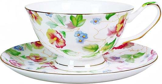 Tea cup and Saucer Set Royal Garden Style Tea Coffee Cup with Saucer 7 Ounces Bone China Teacup and saucer Set (White-Flower)