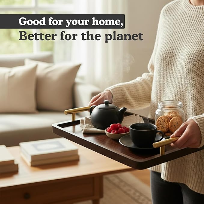 Zayvo Bamboo Serving Tray, Wood Serving Tray with Handles Breakfast Tray Decorative Tray for Living Room Kitchen Serving Platter Ottoman Tray Wood Bed Tray (Walnut Dark Brown, Medium