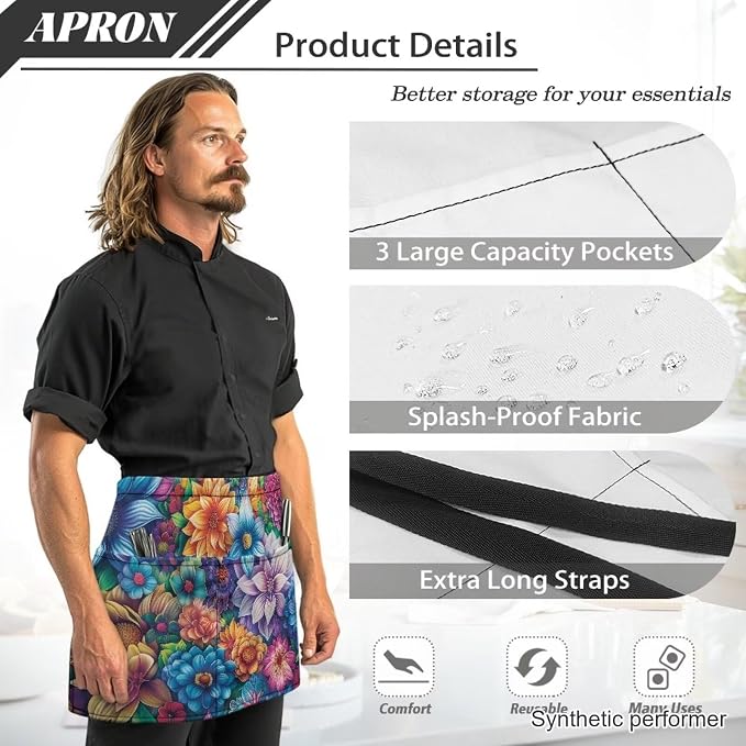 Waist Apron with 3 Pockets Waterproof 13 Inch Short Half Waist Aprons Women Men Server Aprons Waitress Waiter Apron - Image 6