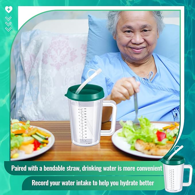 4 Pcs 20 oz Hospital Water Cup with Straw and Lid Insulated Double Walled Elderly Water Bottle Hospital Carafe Mug with Handle Graduated Plastic Drinking Sippy Cup for Adult(Green)