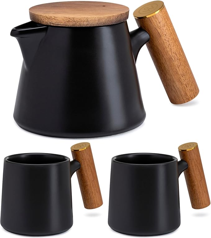 ChefWave Matte Black Ceramic Tea Pot with Stainless Steel Infuser and 2 Matte Black Medium Ceramic Mugs Bundle (3 Items)