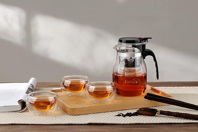 CNGLASS Glass Teapot with Removable Infuser,30.5oz Clear Tea Kettle with One Button Press to Filter the Tea Soup,Loose Leaf and Blooming Tea Maker
