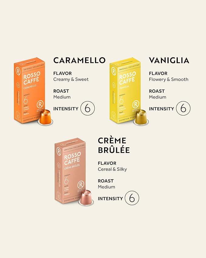 ROSSO CAFFÈ 60 Espresso Coffee Pods for Nespresso Original Machines - Pack of Premium Capsules, 3 Rich and Balanced Flavors (Vanilla, Crème Brulee, Caramel)