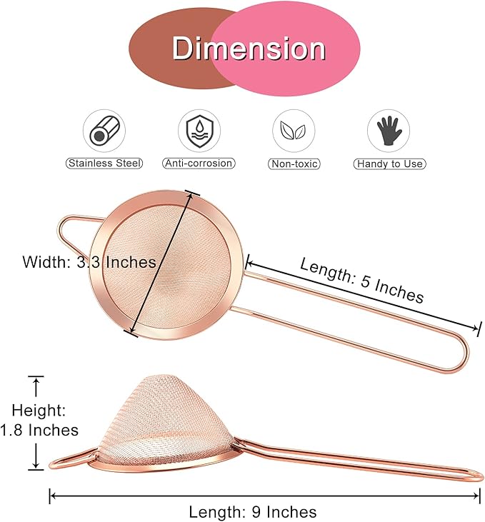 Fine Mesh Strainer Set of 2, E-far 3.3 Inches Stainless Steel Tea Strainer with Long Handle, Small Conical Mesh Strainers Sieve for Cocktail Coffee Food, Rust Proof & Easy to Clean(Rose Gold)