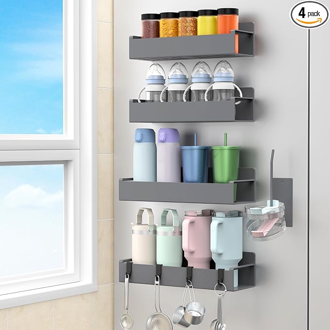 HuggieGems Magnetic Water Bottle Holder for Refrigerator, Cup Holder Organizer for Stanley and Tumbler for Kitchen, 4 Pack, Dark Gray by HuggieGems