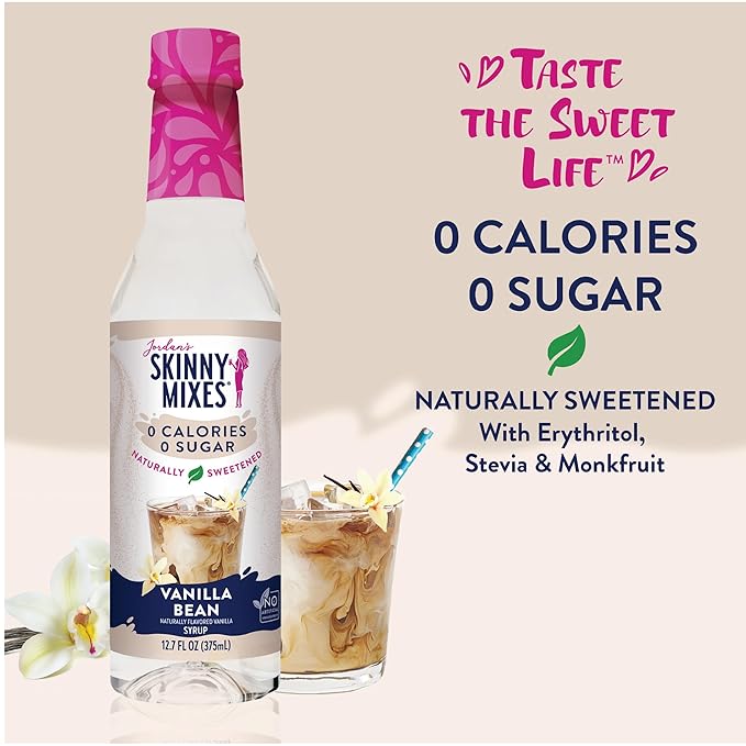 Jordan's Skinny Mixes Sugar Free Coffee Syrup, Vanilla Bean Coffee Flavoring Syrup, Naturally Sweetened Zero Calorie Drink Mix, Lattes, Baking, Protein Shake, Cocktail, Dairy & Gluten Free, 12.7 Fl Oz