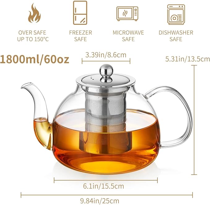 Glass Teapot with Infuser 60OZ (1800ml) Stovetop Safe, Clear Glass Tea Pot Kettle, Borosilicate Tea Pot with Infusers Filter for Loose Tea, Tea Kettle Dishwasher Safe