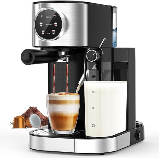 COWSAR Espresso Machine 20 Bar, Commercial Latte & Cappuccino Machine with Automatic Milk Frother, for Ground Coffee & Capsules, Dual Boiler, 57oz Water Tank, Expresso Machines for Home, Touchscreen