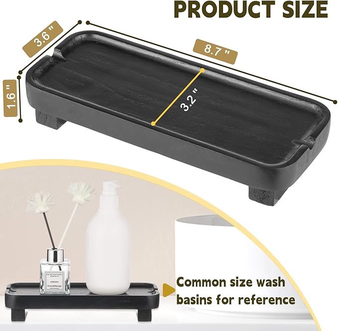 Wood Riser Small Decorative Tray Sink Soap Dish, Vanity Tray Pedestal Stand 8.7 x 3.6 inches (Black)