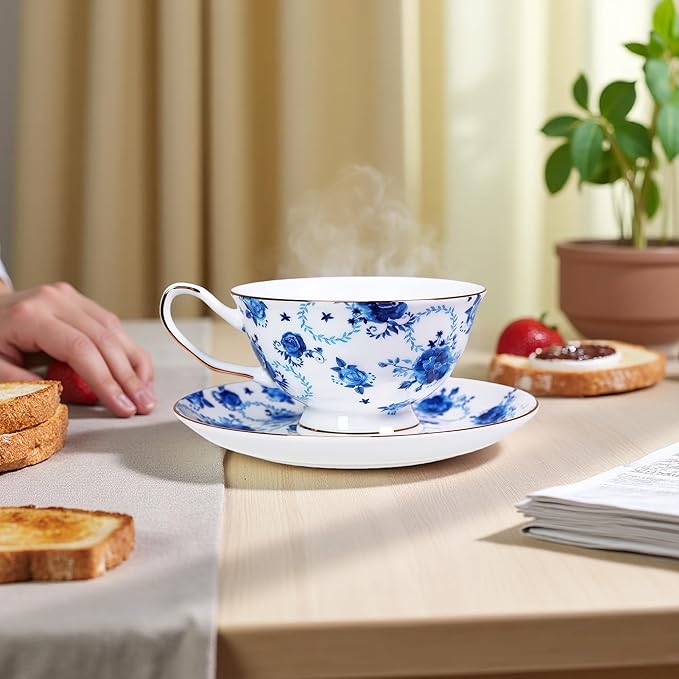 Tea cup and Saucer Set Royal Garden Style Tea Coffee Cup with Saucer 7 Ounces Bone China Teacup and saucer Set (Blue flower)