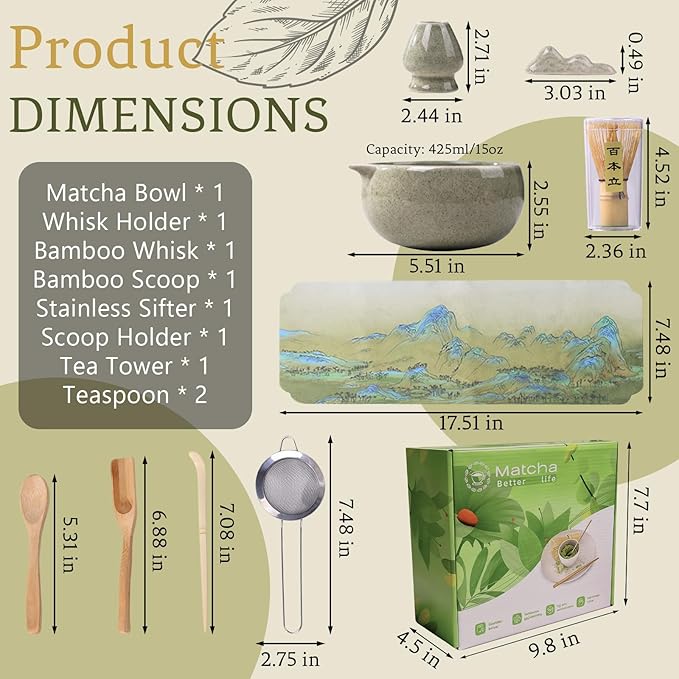 8 Pcs Matcha Whisk Set Chasen Matcha Whisk Bamboo Bowl with Spout Sifter Spoon Scoop Whisk Holder Bamboo Mat Complete Matcha Making Kit (9pcs-green)