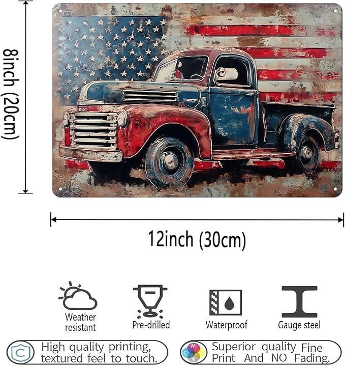 Vintage American Flag Sings Truck Metal Sign Print Aesthetic Room Decoration for Home Bedroom Kitchen Bar Dorm Bathroom Wall Decor 8 x 12 in - Image 4