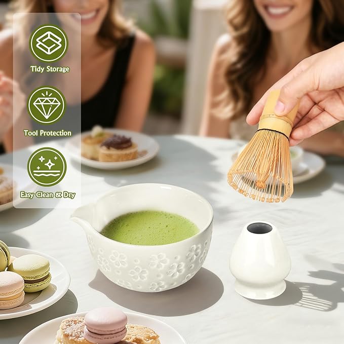 Matcha Whisk Tea Set Kit: Japanese Matcha Kit - Ceramic Bowl Bamboo Whisk Chasen Holder spoon Measuring Scoop Sifter - Traditional Practical for Tea Ceremony Breakfast Lattes - Home Kitchen Christmas