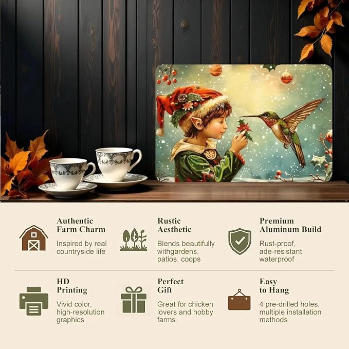 Christmas Elf and Vibrant Hummingbird - Vintage Metal Tin Sign, Festive Wall Art Decor for Gym, Cafe, Garage, Restaurant, Home, and Garden, Iron Material, 12x8 Inches - Image 7