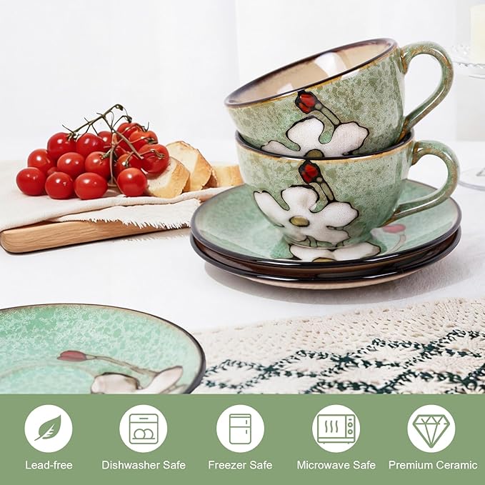 8 Oz Floral Porcelain Cappuccino Cups with Saucers Set of 4, Stoneware Tea Coffee Mugs for Home Kitchen & Office, Dishwasher Microwave Oven Safe, for Espresso, Latte, Americano, Milk & Tea, Green