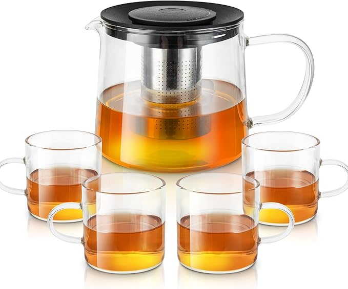 Glass Teapot 34oz/1000ml with 4 Pack Tea Cups Gift Set, Removable Stainless Steel Infuser Tea pot, Heatproof Borosilicate Glass Tea Make, Stovetop Safe Glass Tea Kettle for Loose
