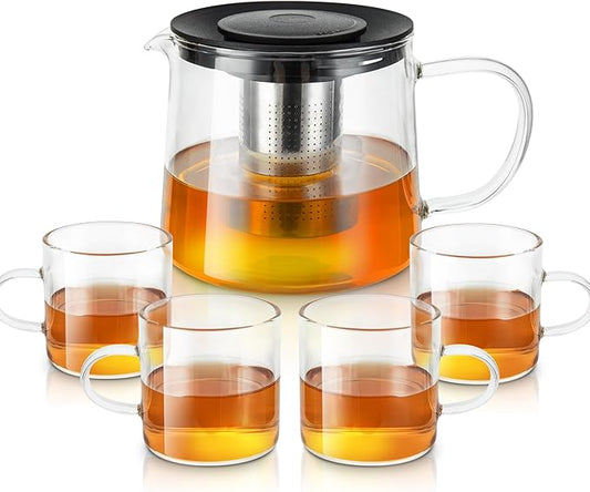 Glass Teapot 34oz/1000ml with 4 Pack Tea Cups Gift Set, Removable Stainless Steel Infuser Tea pot, Heatproof Borosilicate Glass Tea Make, Stovetop Safe Glass Tea Kettle for Loose