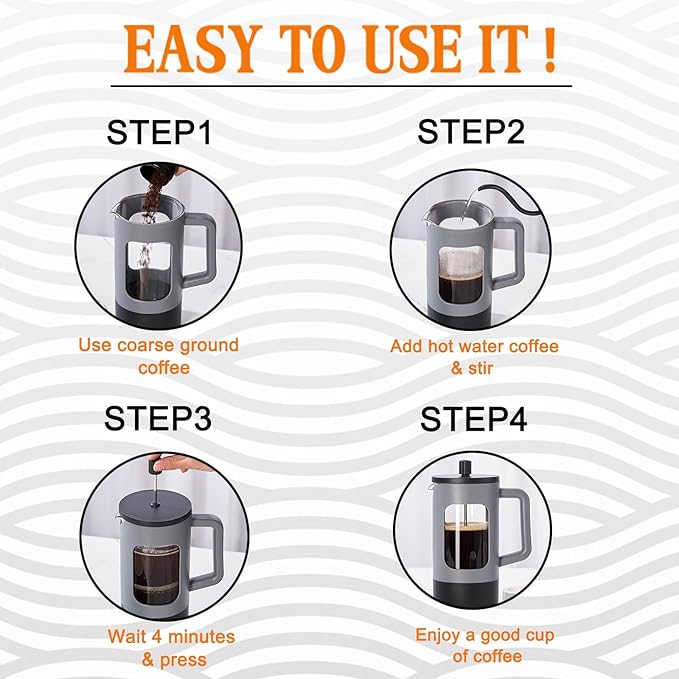 YOLIFE French Press Coffee Maker, 34 oz / 4 Cup Coffee Tea Press with Heat-resistant Borosilicate Glass, 4-Level Filtration Systems, Cold Brew Coffee Maker for Camping Travel Gifts, Grey and Black