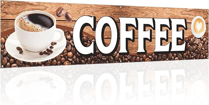 Tegeme Large Coffee Banner Sign Coffee Shop Banner Flag 2x10 Ft/ 24 x 120 Inch Oxford Fabric Cafe Business Sign for Easy Hang Indoor Outdoor