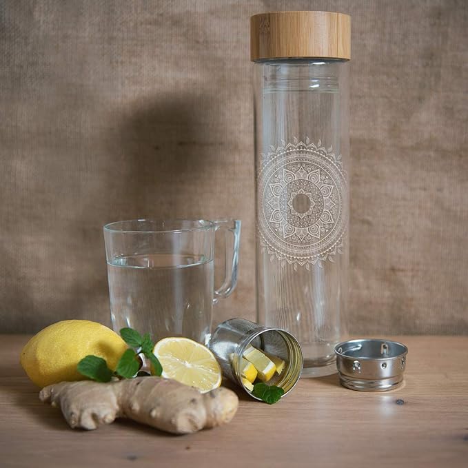 Navaris Glass Water Bottle with Tea Infuser - Double Walled Borosilicate Glass Travel Tumbler with Bamboo Lid and Non Slip Gray Neoprene Sleeve - 17oz