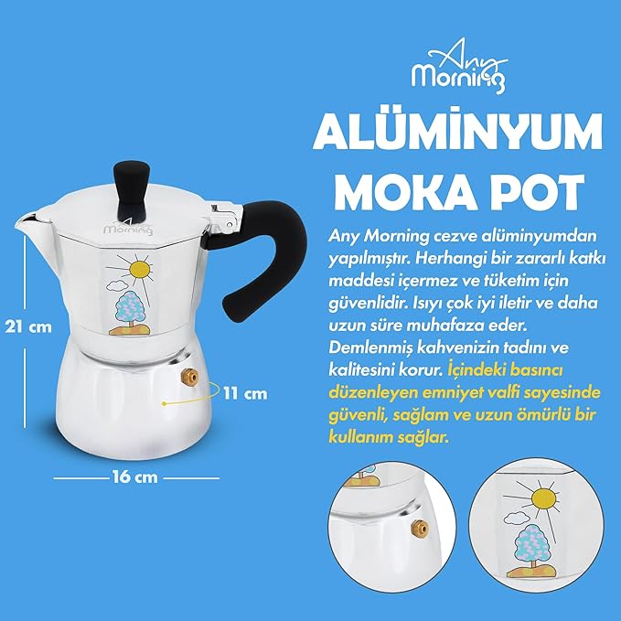 Any Morning Espresso Stovetop Moka Pot, 6 Cup Italian Coffee Maker, Aluminum, PBA Free, 8 Oz, 6 Expresso Cups Silver