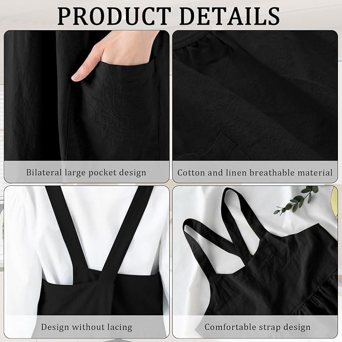 Cotton Linen Cross Back pinafore Apron Dress for Women with Pockets for Cooking Cleaning - Crossback Apron - Black - without Waist Ties - Image 6