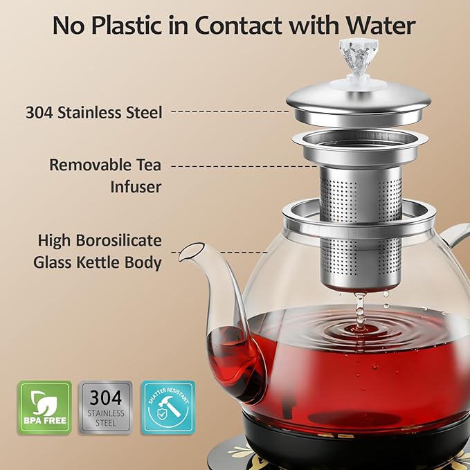 Electric Tea Maker with Infuser, ±1℉ Precise Temperature Control, Glass Electric Kettle for Herbal,Flowers,Fruit Tea and Loose Leaf,BPA-Free,Auto Shut-Off,Brewing Program,Keep Warm,0.8L/27oz Black