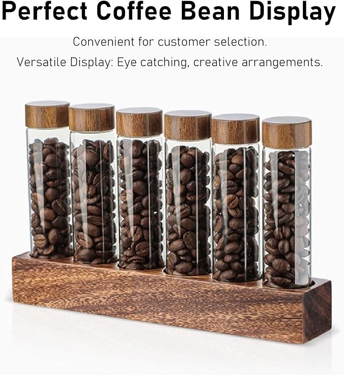 Fockety Coffee Bean Storage Tubes Single Dose, 6PCS or 12PCS Coffee Bean Cellar, Dosing Glass Vials with Lids, Wooden Display Stand and Funnel, Airtight Sealed Glass Canister Jars Tubes