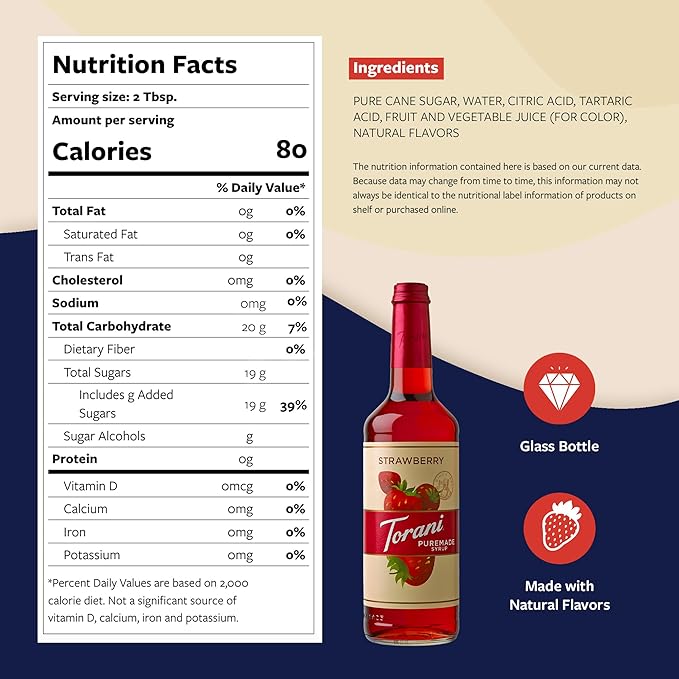 Torani Puremade Syrup, Strawberry Flavoring for Drinks, GMO Free, Glass Bottle with Pump Included, 25.4 Fl Oz