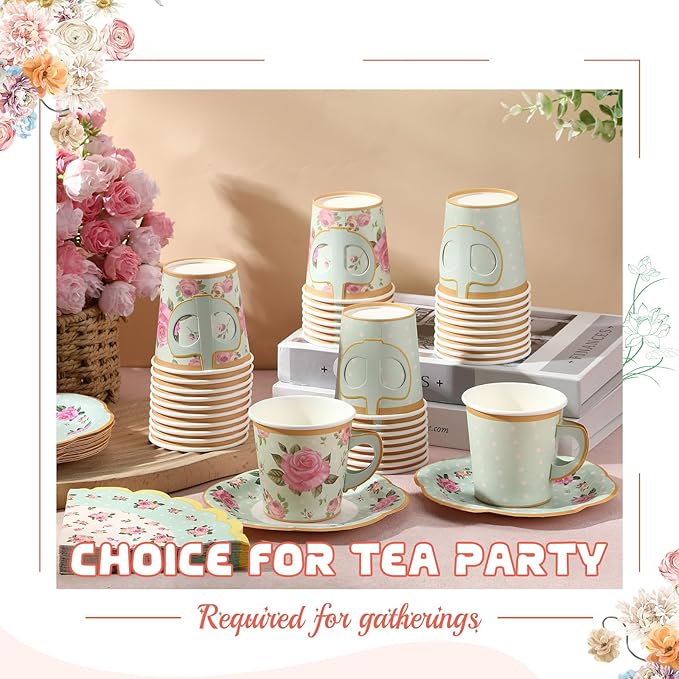 Umigy 36 Sets Tea Party Decorations 6.5 oz Floral Paper Tea Cups with Plates Paper Napkins Disposable Blossom Teacups and Saucers Sets for Girls Birthday Party Supplies(Green)