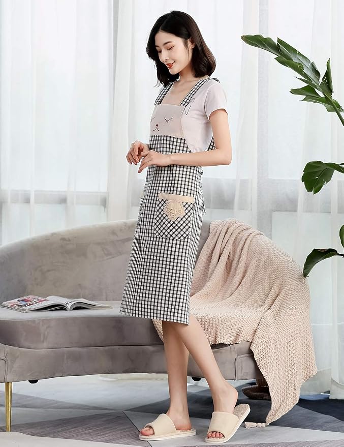 NEWGEM 100% Cotton Cute Plaid Apron with Pockets - Korean Style H-Back Cat Pinafore for Kitchen Cooking, Housewife (Black/White Cat) - Image 3