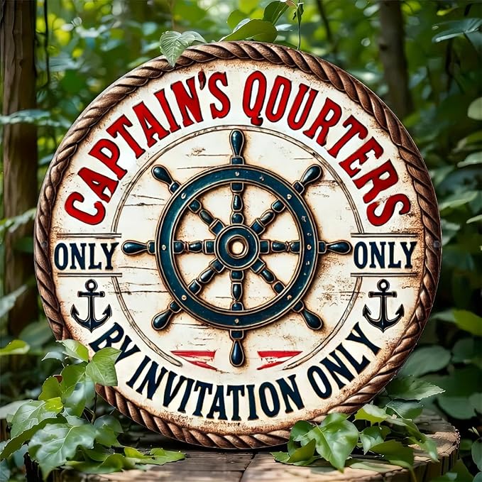 Vintage Captain's Quarters Nautical Aluminum Sign, Invitation-Only Maritime Decorative Wall Plaque for Room, Cafe, Garage, Farmhouse - Circular Foil Engraved Metal Decor - Image 5