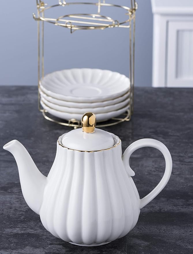 Jusalpha Porcelain Tea Set- 8 OZ White Coffee Cup/Teacup, Saucer, Spoons, Teapot and Creamer set, 17-Pieces (FD-TW17PC SET, White)