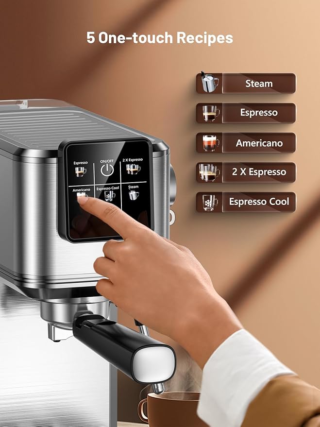 20 Bar Espresso Machine, Hot & Cold Brew Coffee Maker with Milk Frother, Touch Screen, Compact Water Tank, Expresso Coffee Machines for Lattes, Cappuccinos, Americano, Home & Office (Silver)