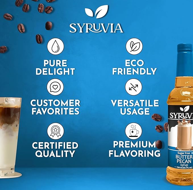 Syruvia Sugar Free Coffee Syrup, Butter Pecan Flavored Syrup for Drinks, Lattes, and Desserts – 25.4 fl oz