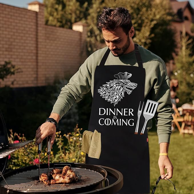 Grill Aprons for Men Women, Dinner is Coming Kitchen Chef Apron with 2 Pockets and 40" Long Ties, Adjustable Bib Apron for Cooking, BBQ, Baking, Gardening, Black - Image 6