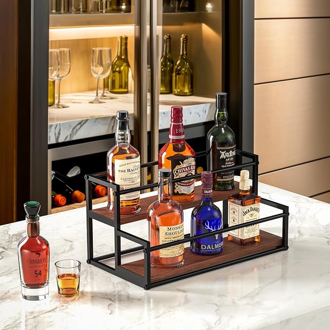 THYGIFTREE 2 Pack Liquor Bottle Display Shelf, 2 Tier Bar Shelf Stand, Countertop Liquor Rack Organizer for Home Bar Kitchen Whiskey Display - Image 6