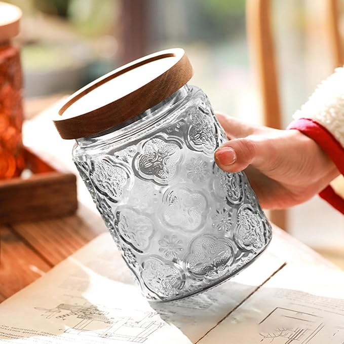Glass Jar with Lid, Vintage Glass Storage Jars with Airtight Lid Coffee Canister Sugar Container for Kitchen Counter Pantry, Flour, Candy, Tea, Coffee Beans, Oats (Begonia Round*2)