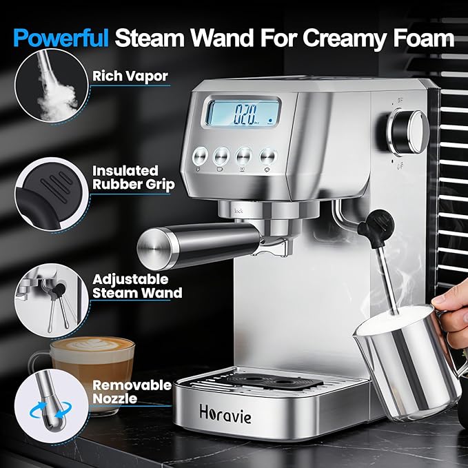 Espresso Machine 20 Bar, Compact Espresso Maker with Milk Frother, Stainless Steel Cappuccino & Latte Machine with LCD Screen, Adjustable Temperature, 44oz Water Tank for Home, Office