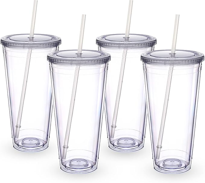 Zukro Clear Acrylic Tumbler with Straw and Lid 32 oz, Double Walled Insulated Reusable Plastic Iced Coffee Cup, To Go Cup Perfect for Parties, Birthdays, Fit in Cupholder, BPA Free, Clear, 4 Pack