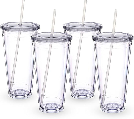 Zukro Clear Acrylic Tumbler with Straw and Lid 32 oz, Double Walled Insulated Reusable Plastic Iced Coffee Cup, To Go Cup Perfect for Parties, Birthdays, Fit in Cupholder, BPA Free, Clear, 4 Pack