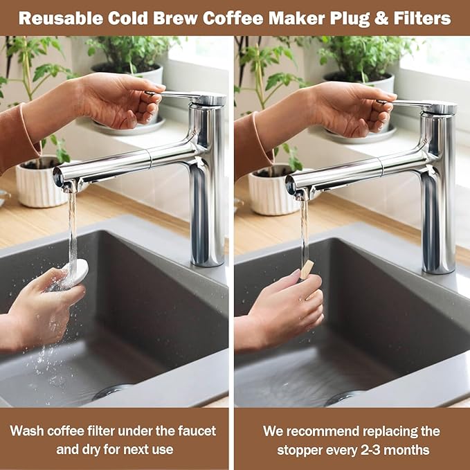 Reusable Coffee Filters Compatible with Toddy Cold Brew Maker - Washable Filters & Stoppers for Cold Brew System, Works with Mason Jars, Carafes, Jugs (10 Filters & 12 Stoppers)