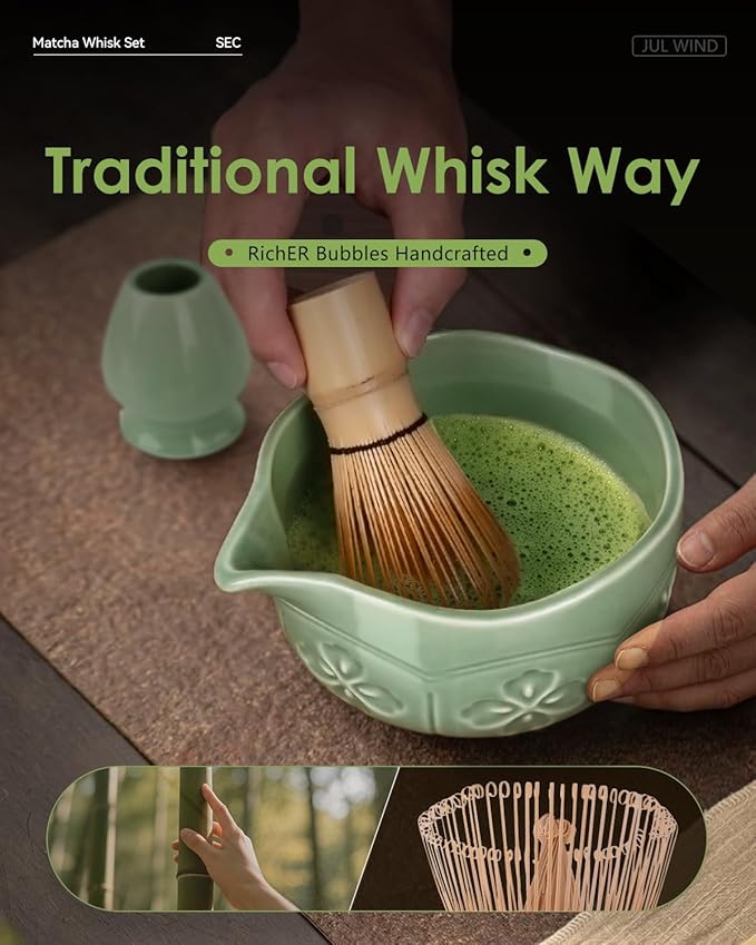 Matcha Whisk Set, Ceramic Matcha Bowl, Bamboo Whisk, Scoop, Sifter, Holder, Tea Towel - 6 Pcs Matcha Kit Gift for Matcha Lovers Beginners (Green)